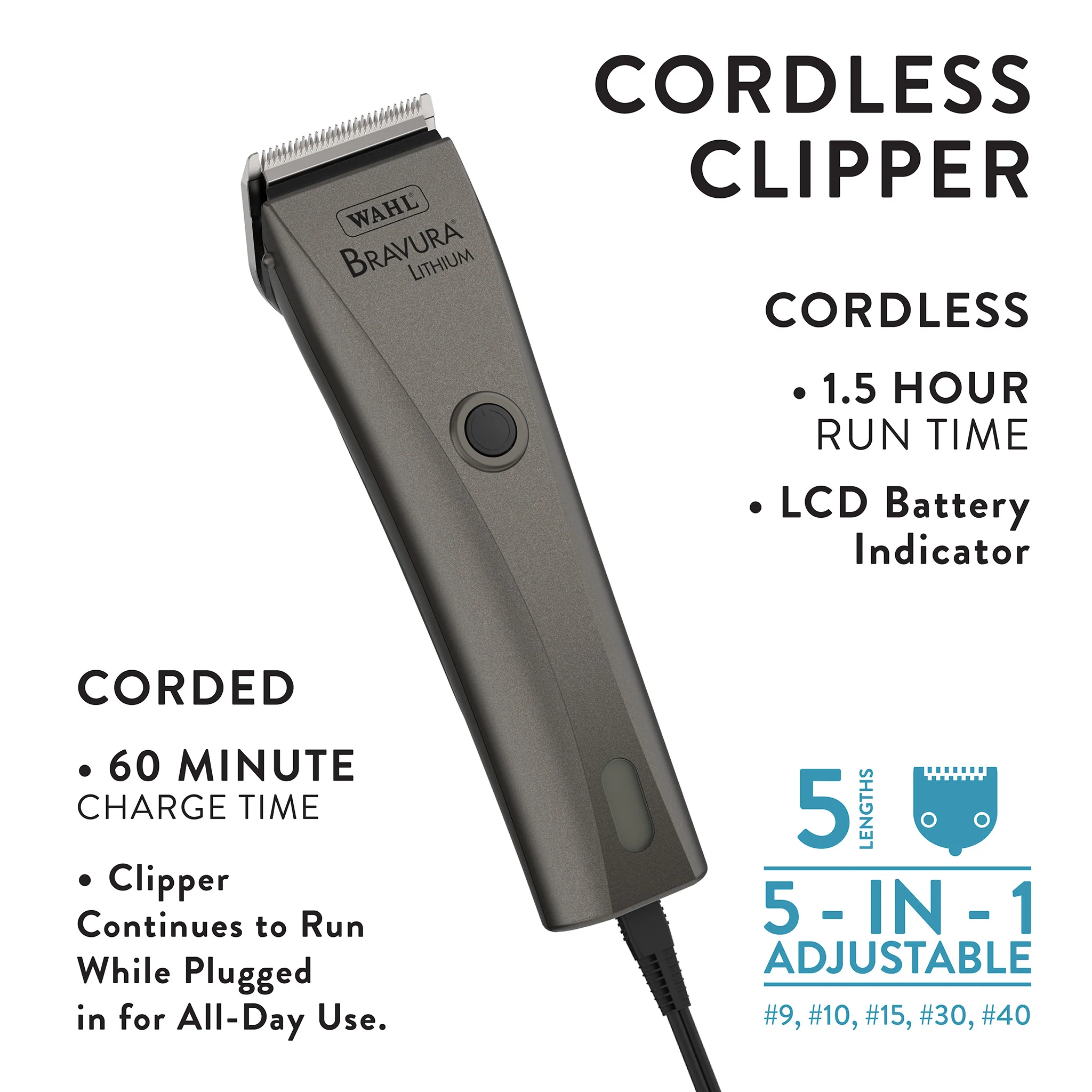 Wahl® Bravura® Lithium Cordless Clipper, Gunmetal - Image 4